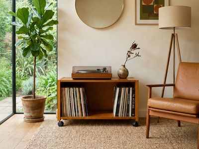 Vintage Mid Century Danish Teak Low Profile Record Console Stand Rolling Cart w/Black Wheels
