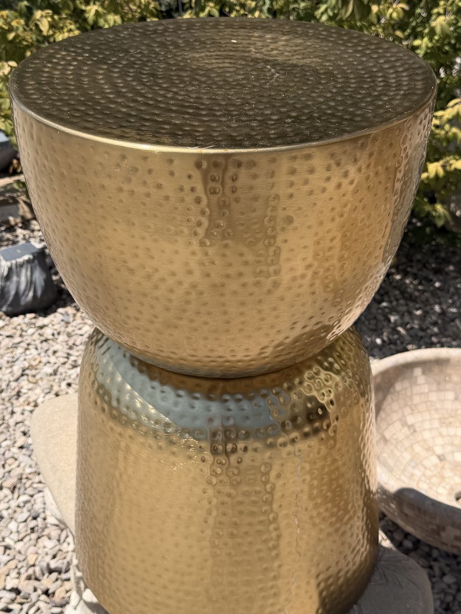 Hammered Brass Metal Hourglass Side Table / Accent Stool