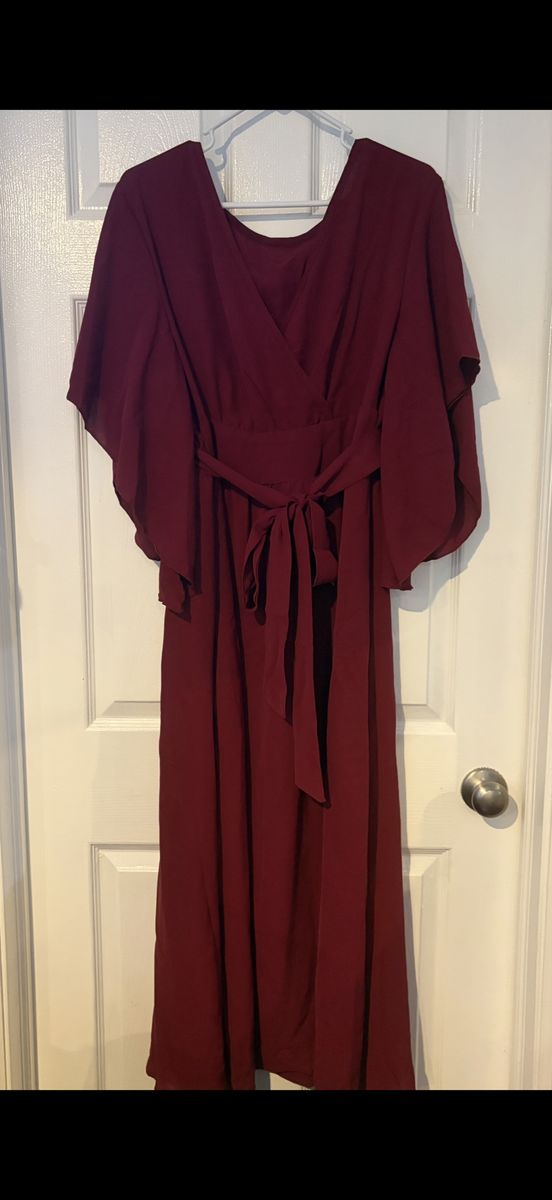 Burgundy Chiffon Maxi Dress Size 2XL Flowy Sleeves Tie Waist