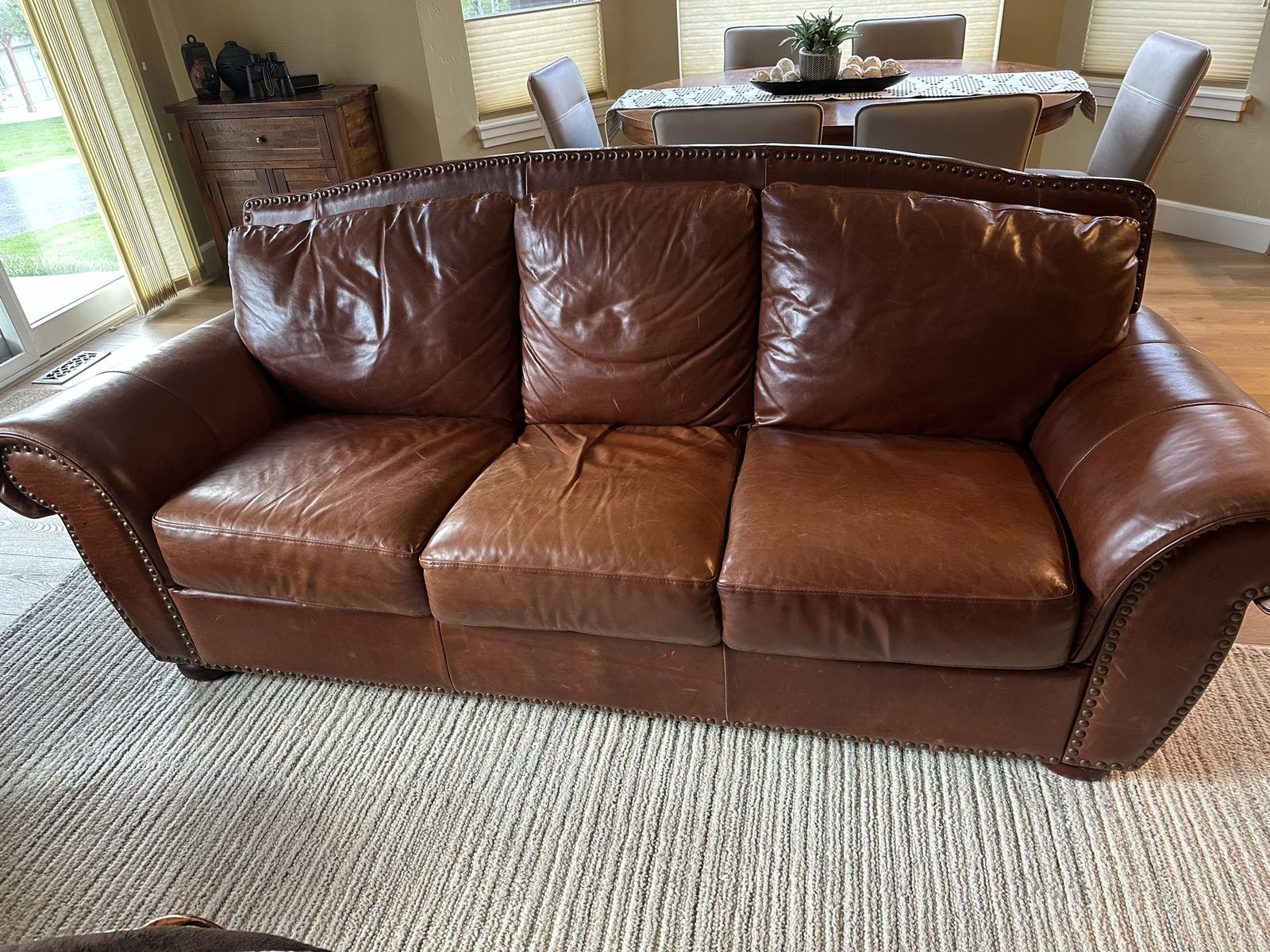 Stylish Brown Leather 3-Seat Sofa with Nailhead Trim
