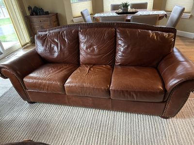 Stylish Brown Leather 3-Seat Sofa with Nailhead Trim