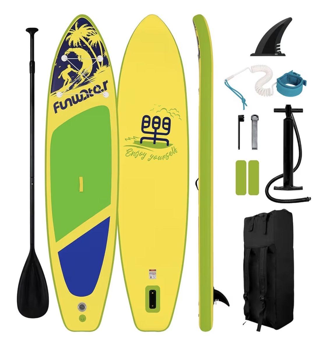 Brand New 11.5 FT Inflatable Stand Up Paddle Board Bundle- Still Factory Sealed Yellow Blue Green