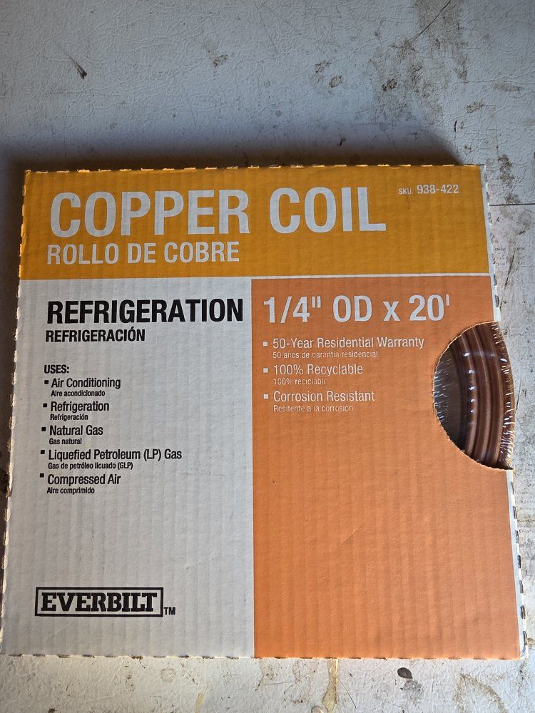 Everbilt 1/4" OD x 20' Refrigeration Copper Coil for AC, Gas, Compressed Air