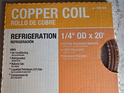 Everbilt 1/4" OD x 20' Refrigeration Copper Coil for AC, Gas, Compressed Air