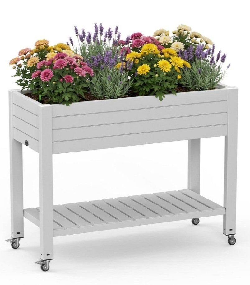 EFU Plastic White Plant Reinforced Large Planter Box with Wheels