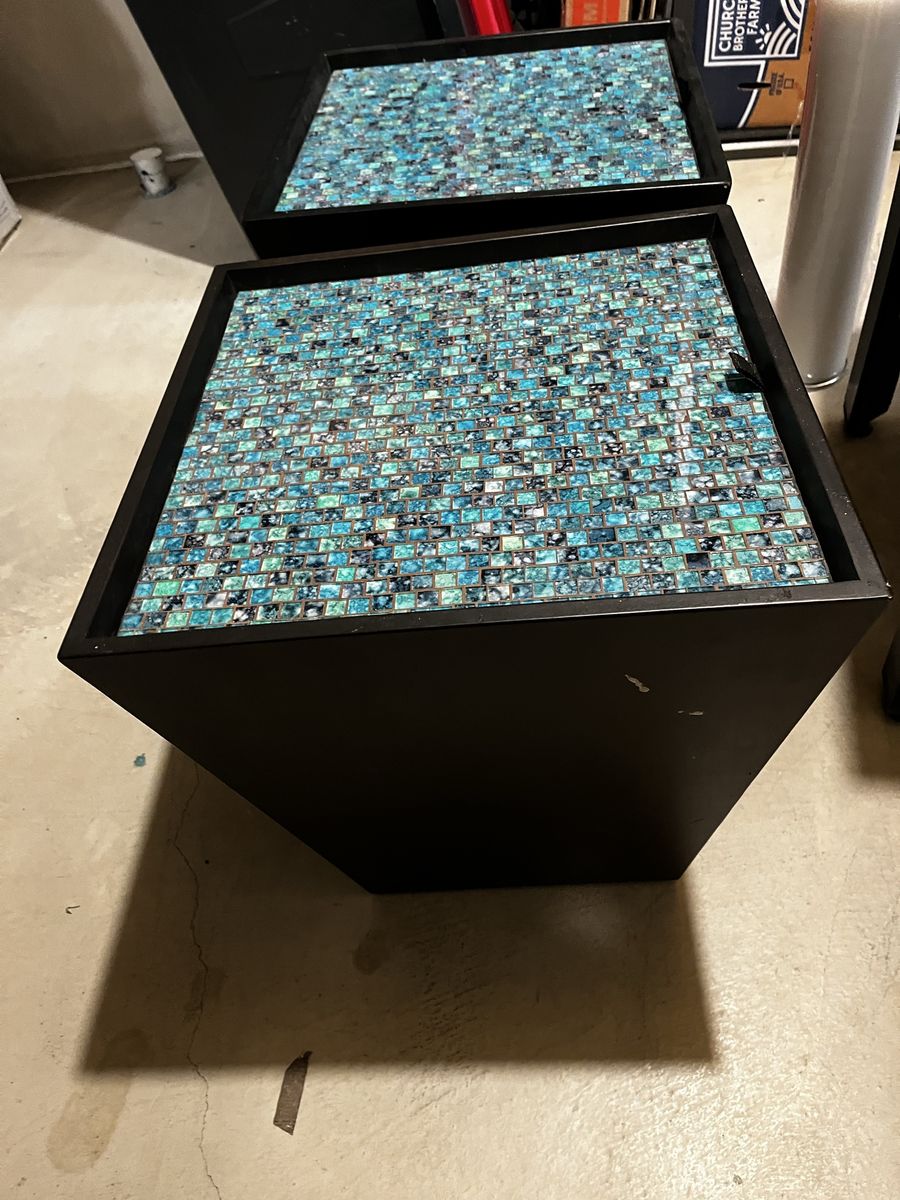 Pair of Black Pedestal Side Tables with Blue Mosaic Tile Tops - 16x16x18"