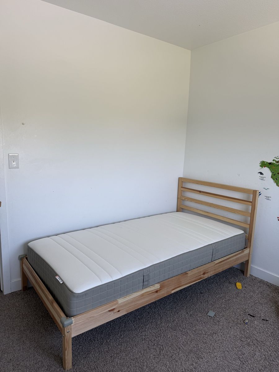 IKEA Haugesund Twin Mattress with Wooden Bed Frame