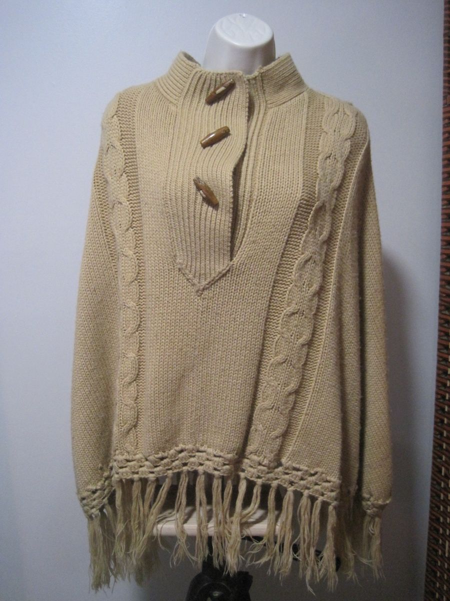 Chesley Tan Cable Knit Wood Button Tasseled Acrylic Poncho Sweater Women's Small