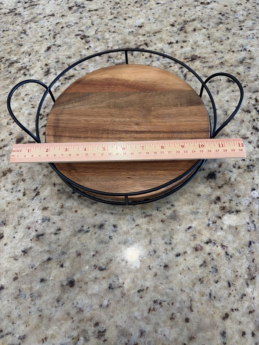 Round Wood & Metal Serving Tray - 12" Diameter with Handles