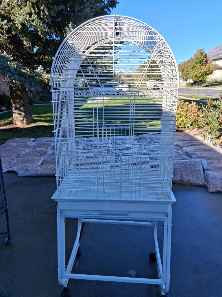 White Metal Bird Cage with Rolling Stand and Dome Top