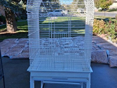 White Metal Bird Cage with Rolling Stand and Dome Top