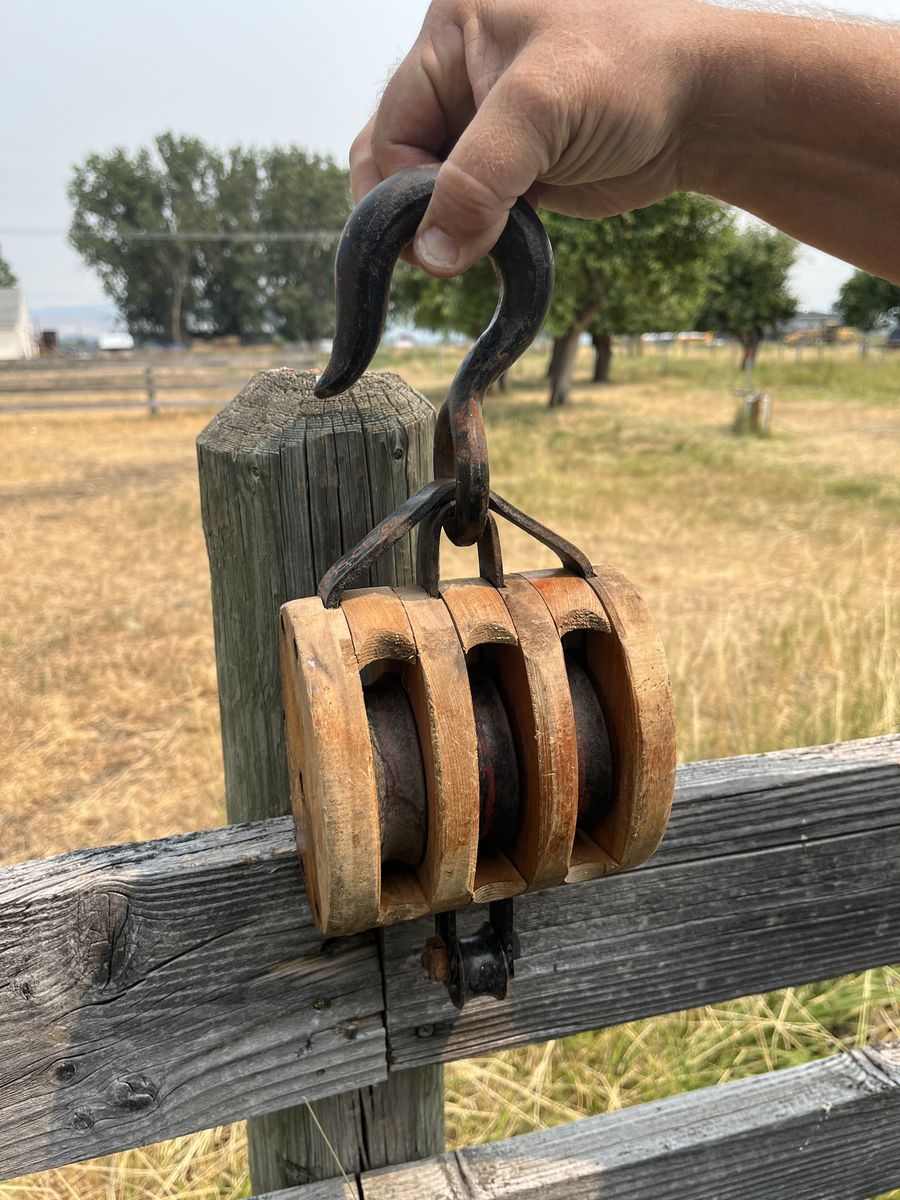 Antique Wood and Iron Three Wheel Block and Hook - Rustic
