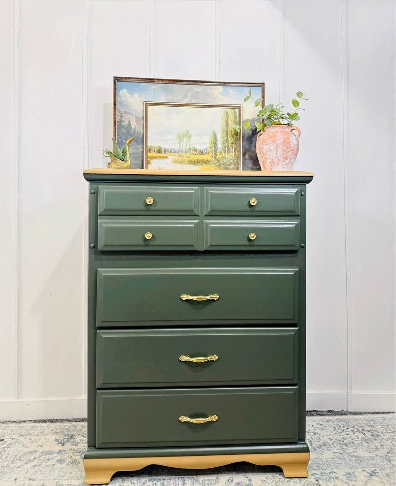 Vintage Modern Inspired Dark Green 4 Drawer Dresser | Modern Inspired 4 Drawer Chest | Dresser