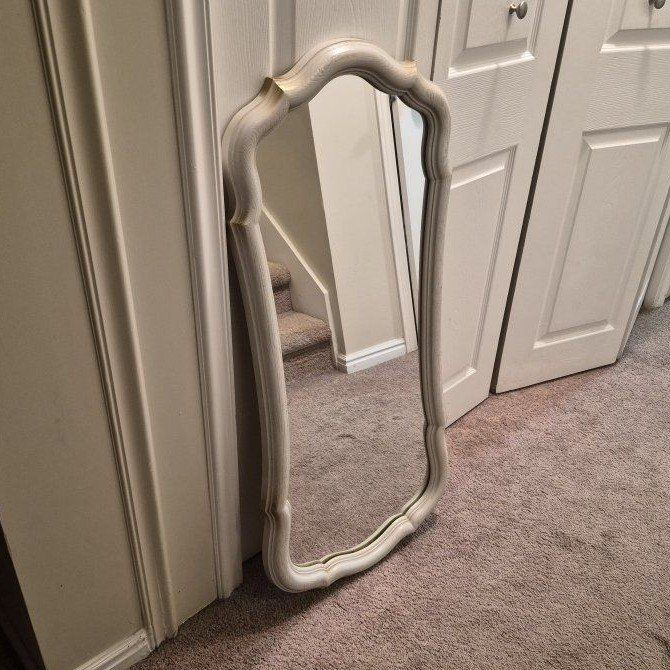 Vintage French Provincial Ornate Wall Mirror, White/Gold Trim, 45" x 22" - Shabby Chic Decor