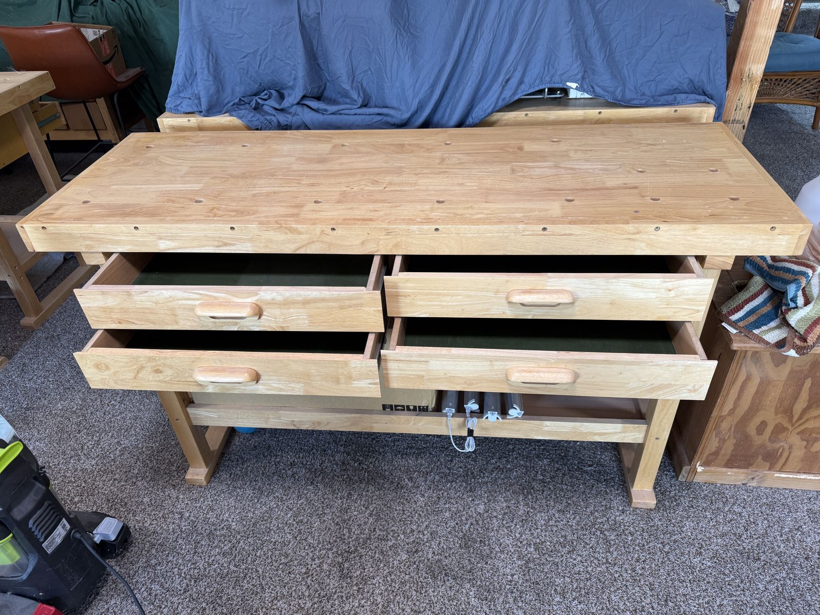 Heavy-Duty Wooden Workbench with 4 Drawers - Ideal for Workshops & Garages