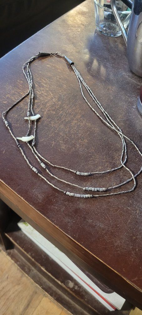 Vintage Sterling Silver Liquid Silver Necklace with Carved Bird Fetishes