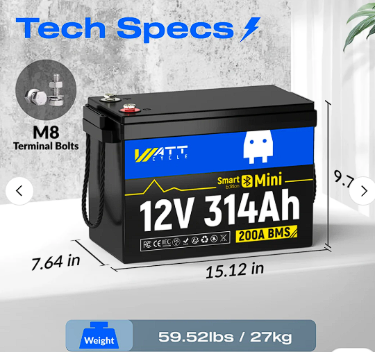 WattCycle 12V 314Ah Mini Bluetooth Lithium Deep Cycle Battery