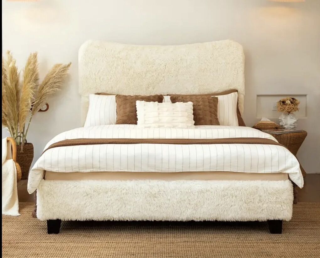 Queen Bed Frame — Plush Faux Fur & Boho Chic
