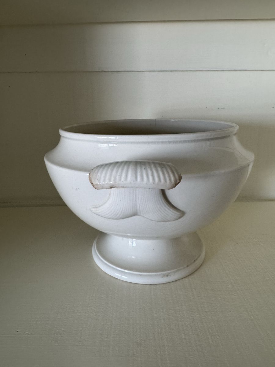 Vintage White Ironstone Footed Tureen Bowl with Shell Handles