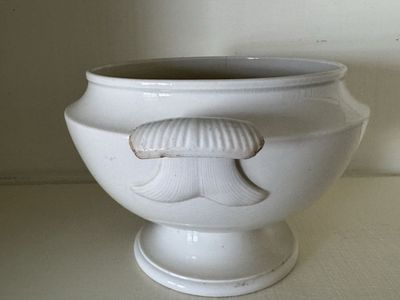 Vintage White Ironstone Footed Tureen Bowl with Shell Handles