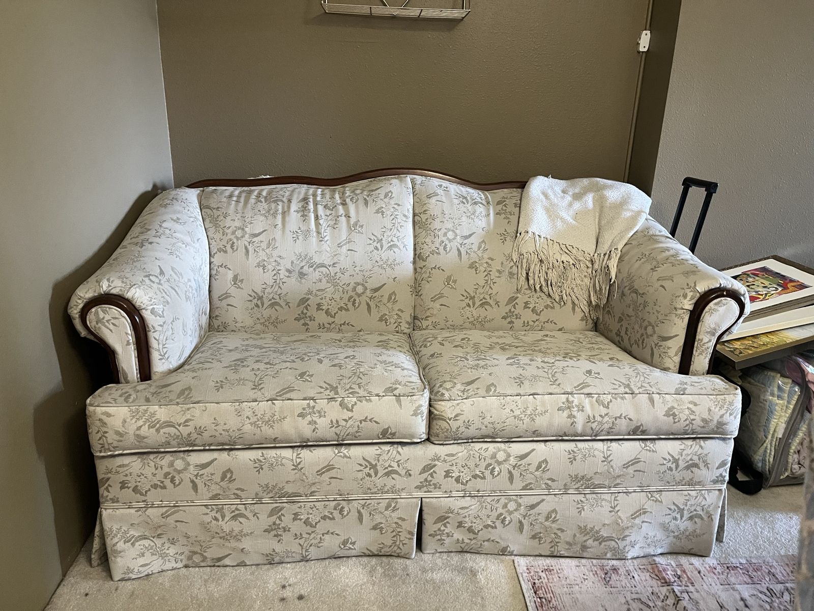 Vintage Floral Fabric Loveseat Sofa - Wood Trim, Skirted Base, 2-Seater Couch