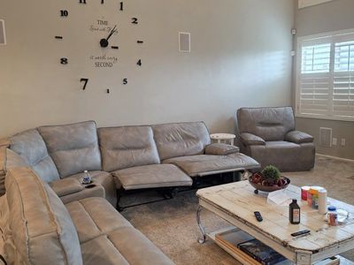 Power Reclining L-Shape Sectional Sofa with Matching Recliner light gray $200 firm