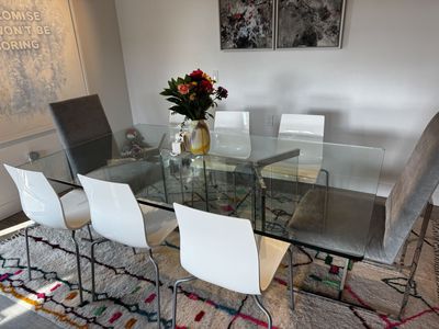 Brueton Glass + Stainless Dining Table, Moving Sale! (Retails New $7,500+)
