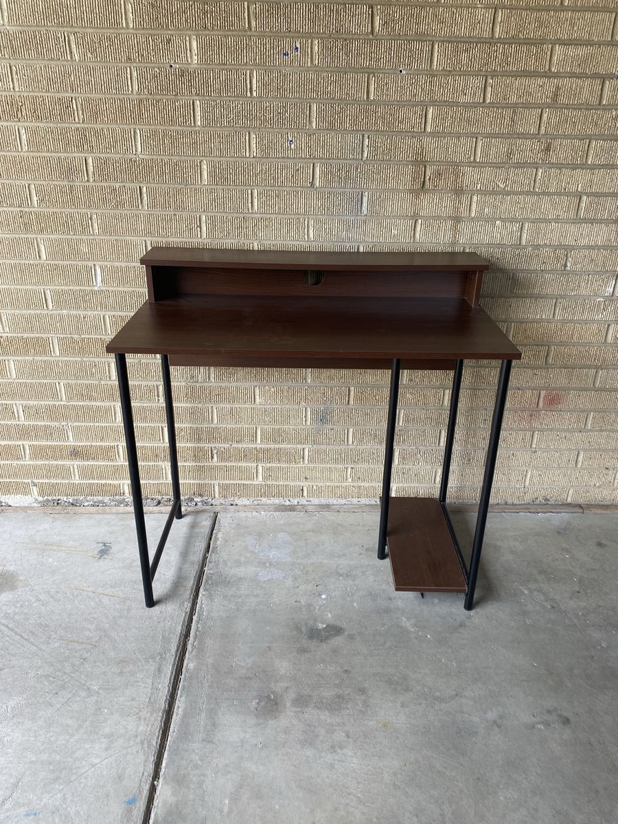 Brown dark wood and black metal small computer table desk