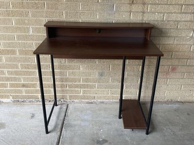 Brown dark wood and black metal small computer table desk