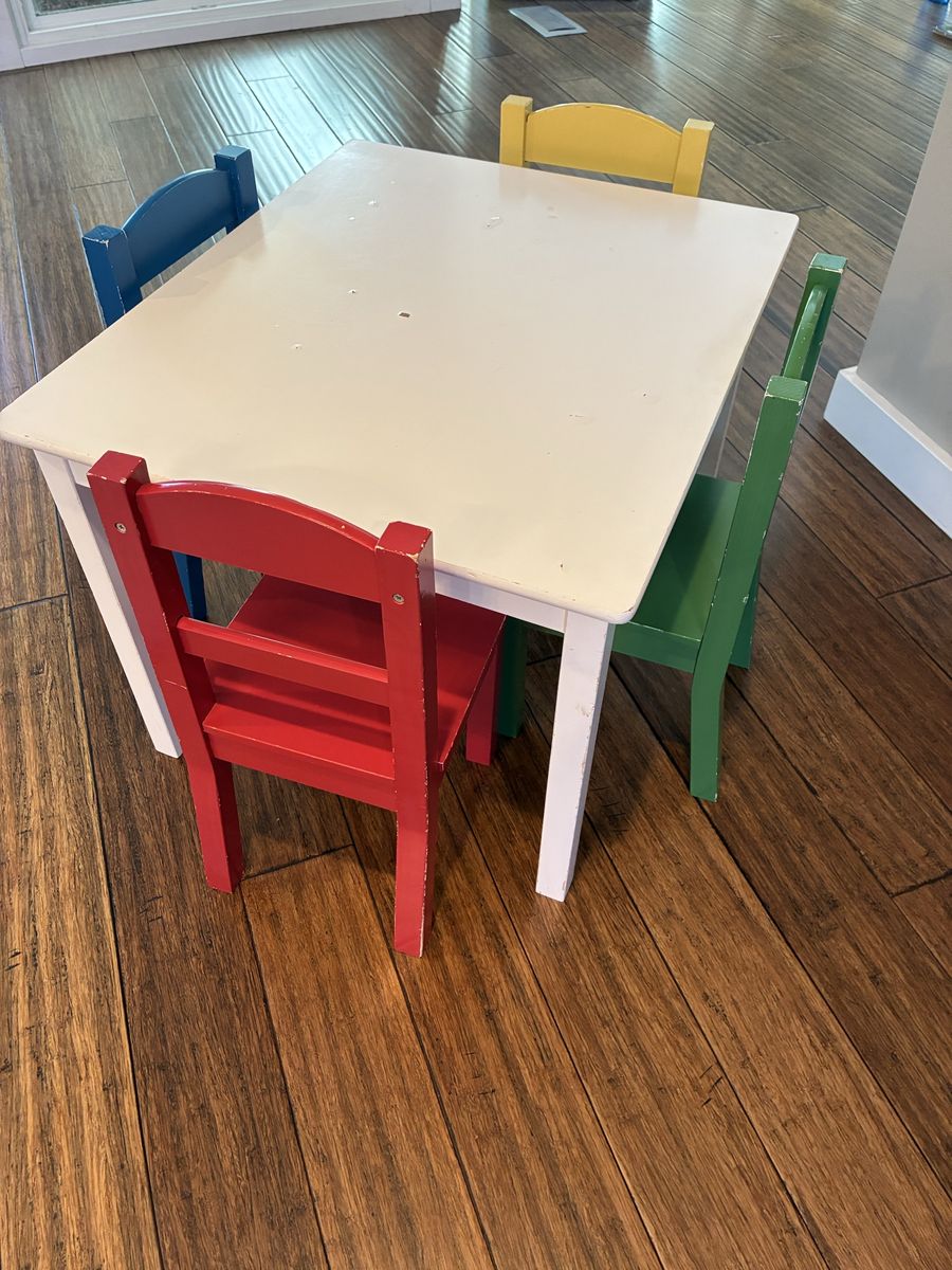 Wooden Table and 4 Chairs Set - White Table with Red, Blue, Green, Yellow Chairs