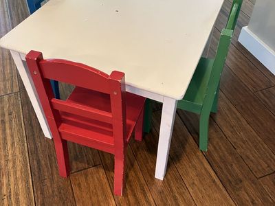 Wooden Table and 4 Chairs Set - White Table with Red, Blue, Green, Yellow Chairs