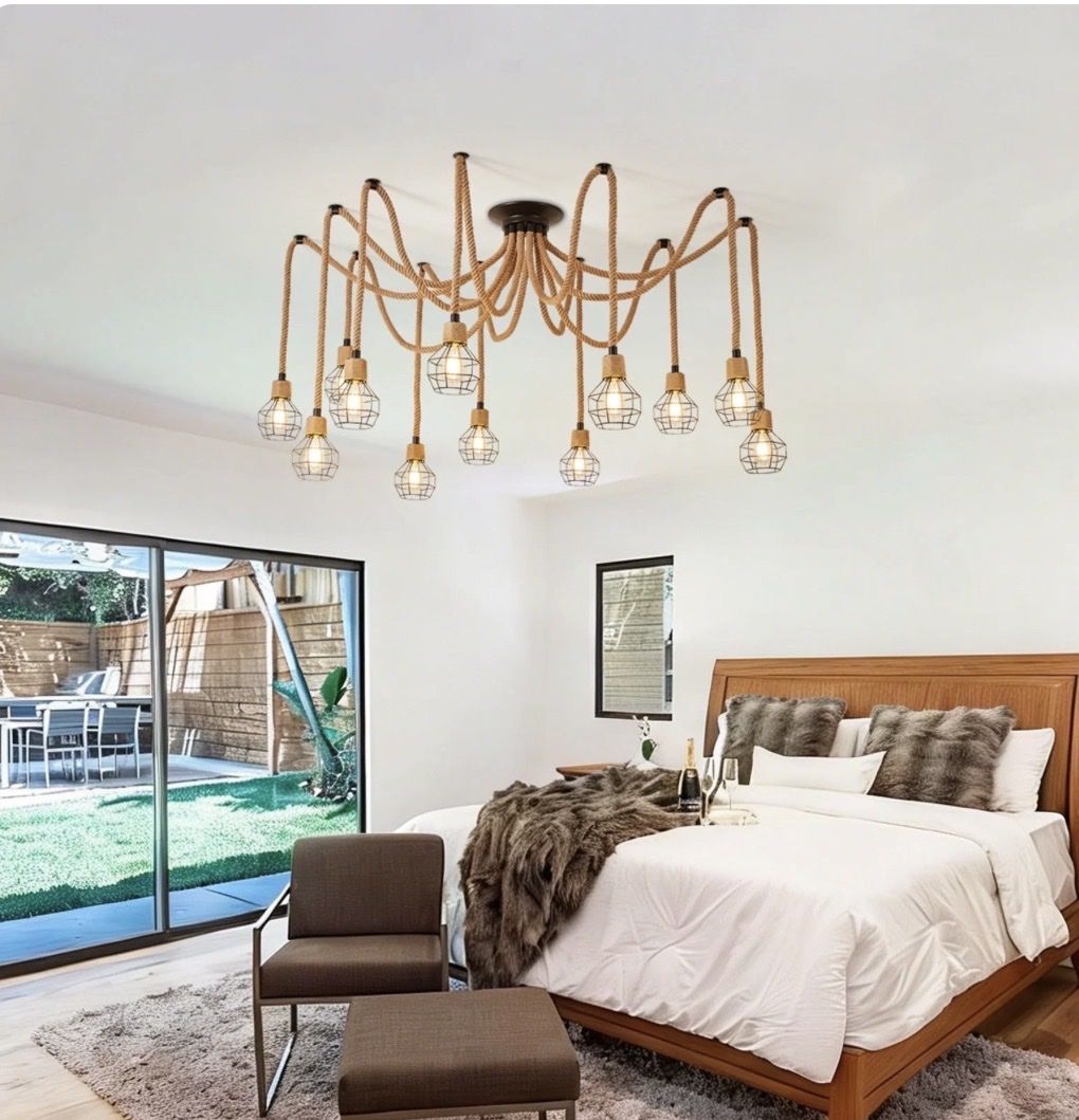 Industrial Rope Chandelier - 10-Light Vintage Hemp Rope Ceiling Lamp, Farmhouse Style