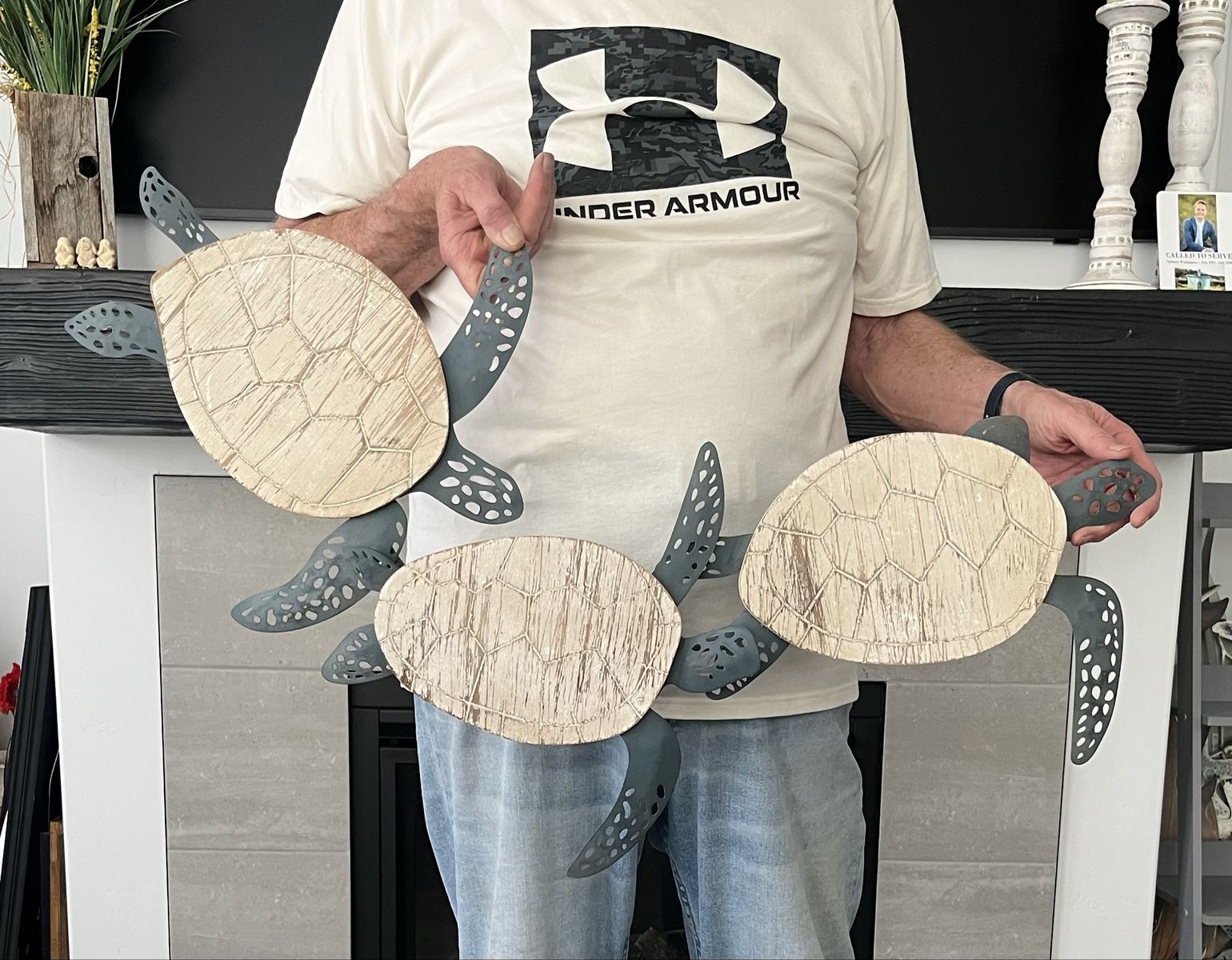 36” Coastal Sea Turtle Wall Art Metal & Wood Decor Set of Three