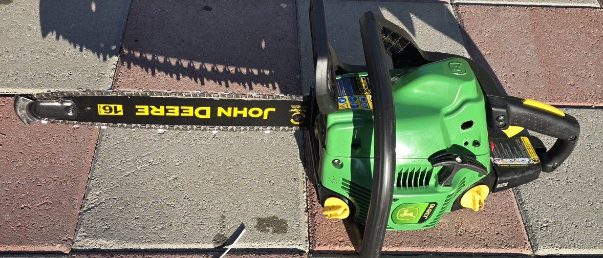 Rare John Deere J3816 chainsaw with a 16-inch bar.