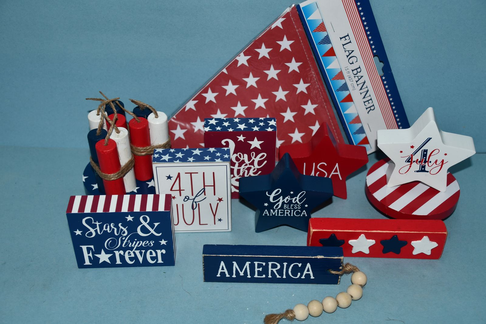 4th of JULY HOME DECOR ITEMS ~ WOODEN STARS & SIGNS, BANNER, STANDS ~ ALL FOR $5