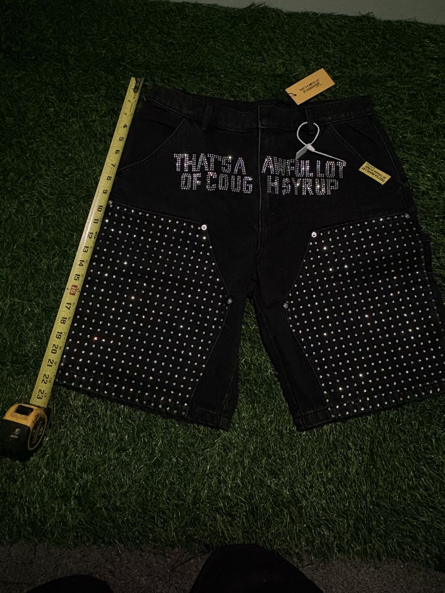 That's A Awful Lot Of Cough Syrup Rhinestone Black Denim Shorts