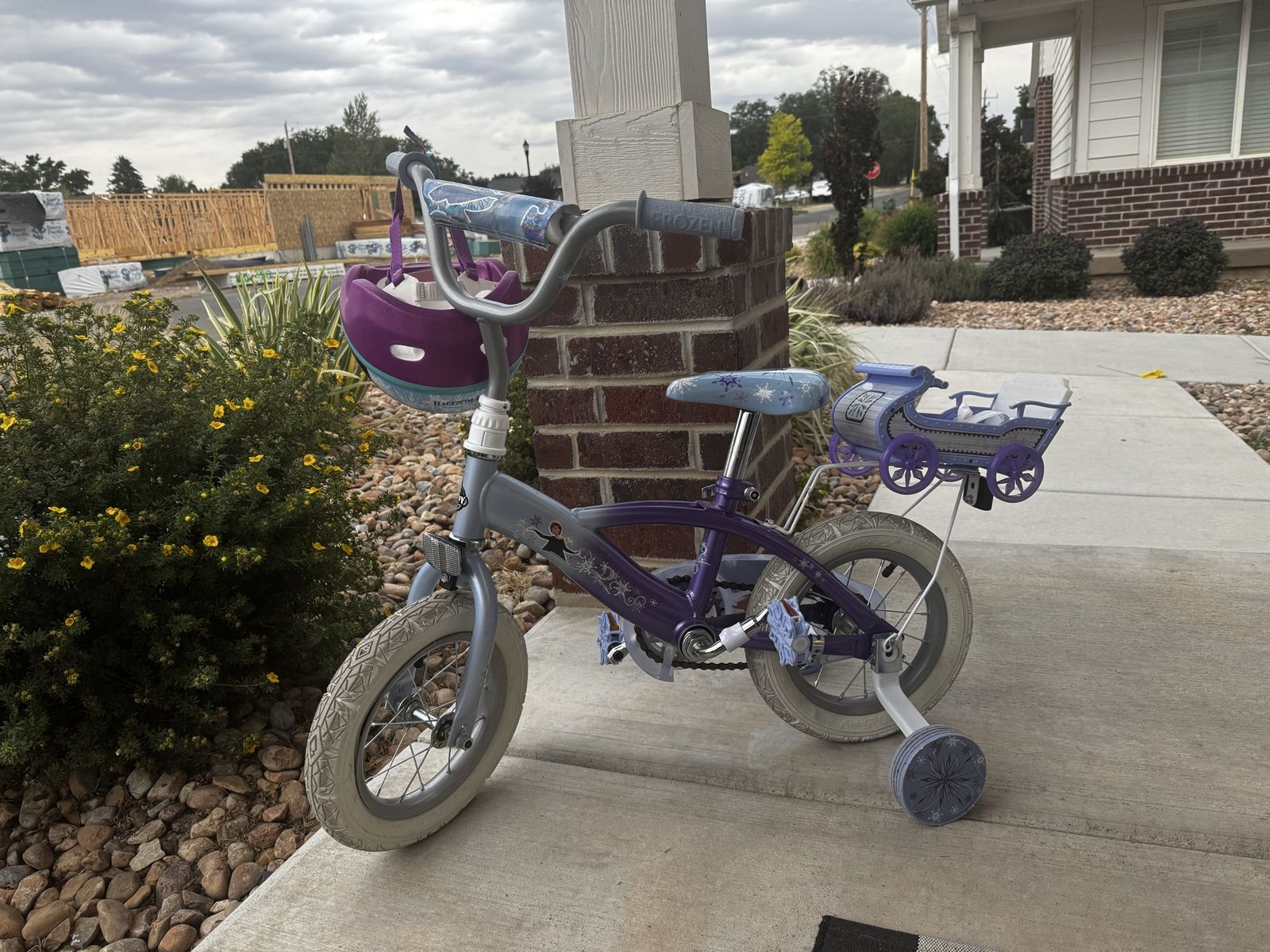 Disney Frozen Kids' Bike w/ Training Wheels & Basket, Elsa & Anna Helmet, 12-inch Wheels