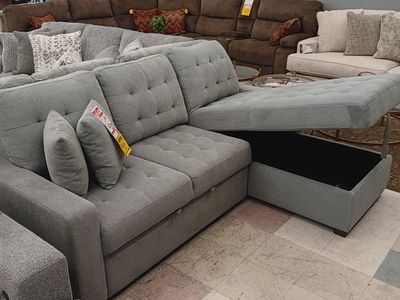 Gray Sectional Sofa with Pull-Out Sleeper & Storage Chaise - Modern Tufted Design