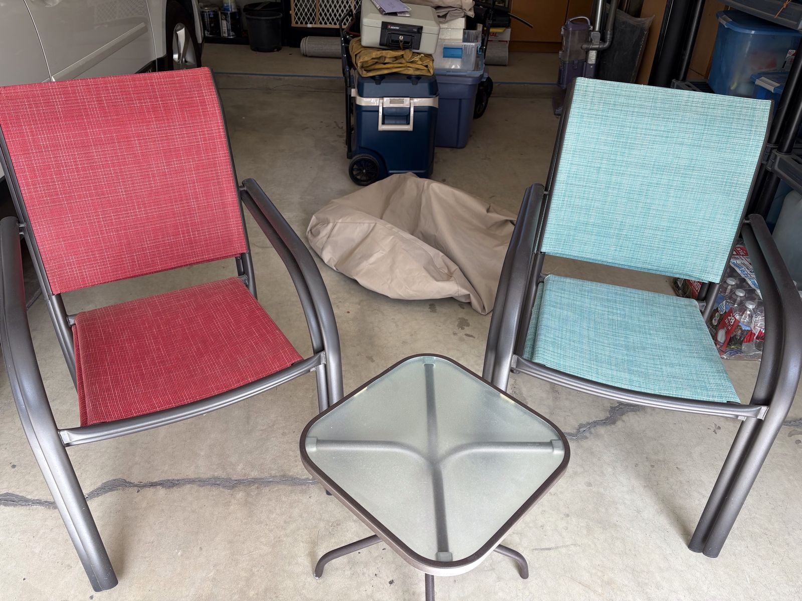 Patio Set - 4 Chairs (2 Red & 2 Aqua) with Glass-Top Side Table, includes cover to protect in winter- Outdoor Seating Furniture