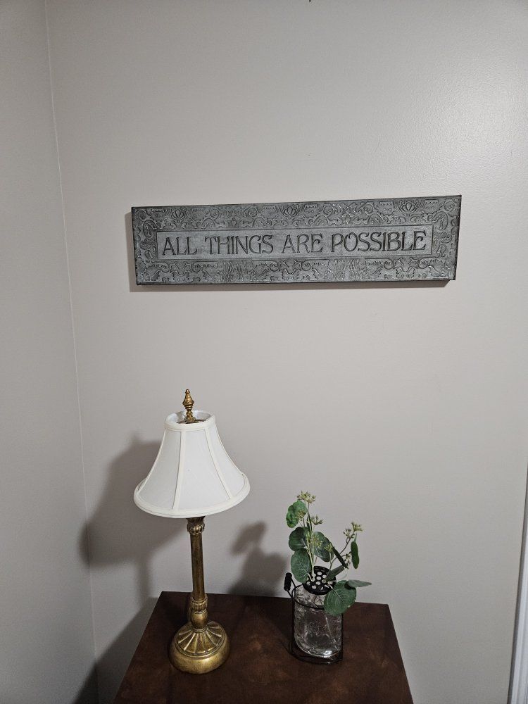 Decorative Wall Art Sign - "ALL THINGS ARE POSSIBLE" Motto Plaque, Gray/Silver, Rustic Farmhouse Decor
