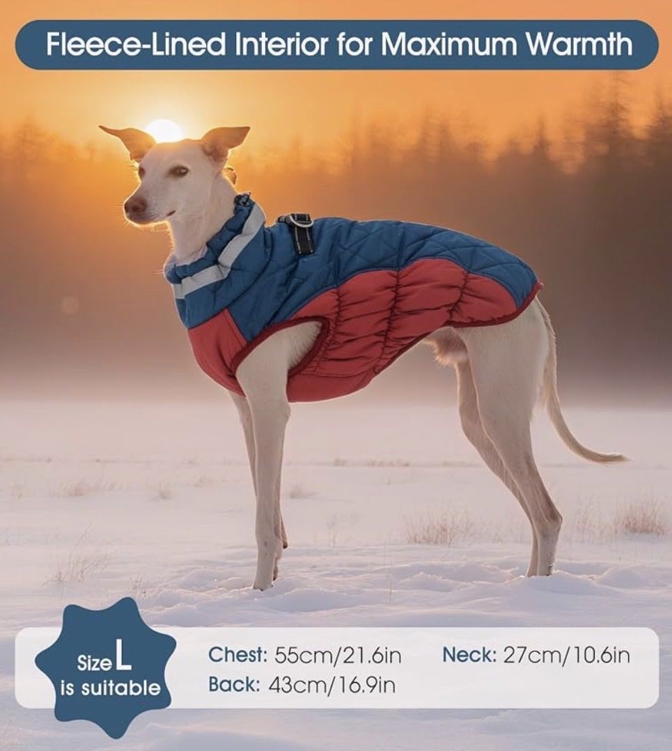 Dog Winter Coat with built in harness, Size L, Quilted, Fleece-Lined, Foldable Fur Collar, Reflective Strips