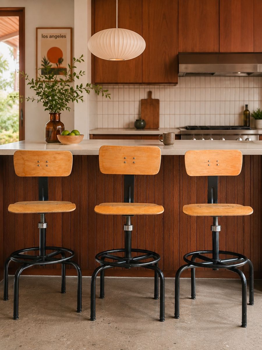 Vintage Industrial Adjustable Drafting Stools with Footrest Ring - Set of 3