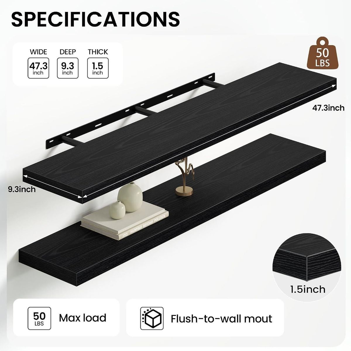 Heimlove Floating Shelves Wall Mounted Black Wood 48 X 9.3 Set of 2