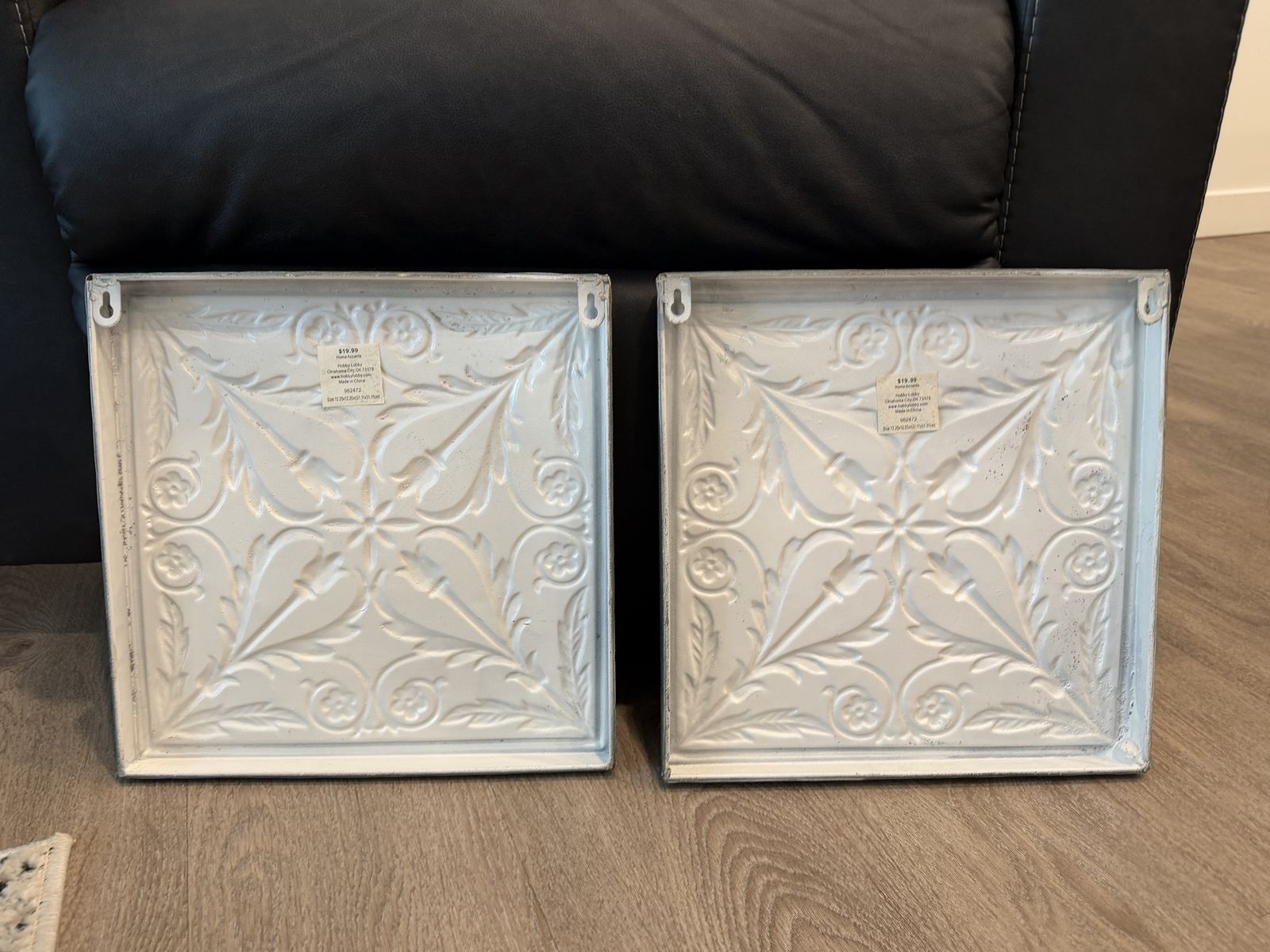 2 Distressed White & Blue Metal Wall Decor Art Panels 12x12" with Floral Design - Farmhouse Chic