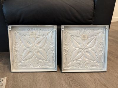 2 Distressed White & Blue Metal Wall Decor Art Panels 12x12" with Floral Design - Farmhouse Chic