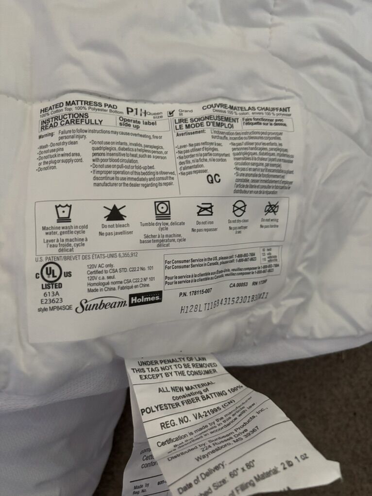 SunBeam 60x80 (QN)HEATED Mattress Pad