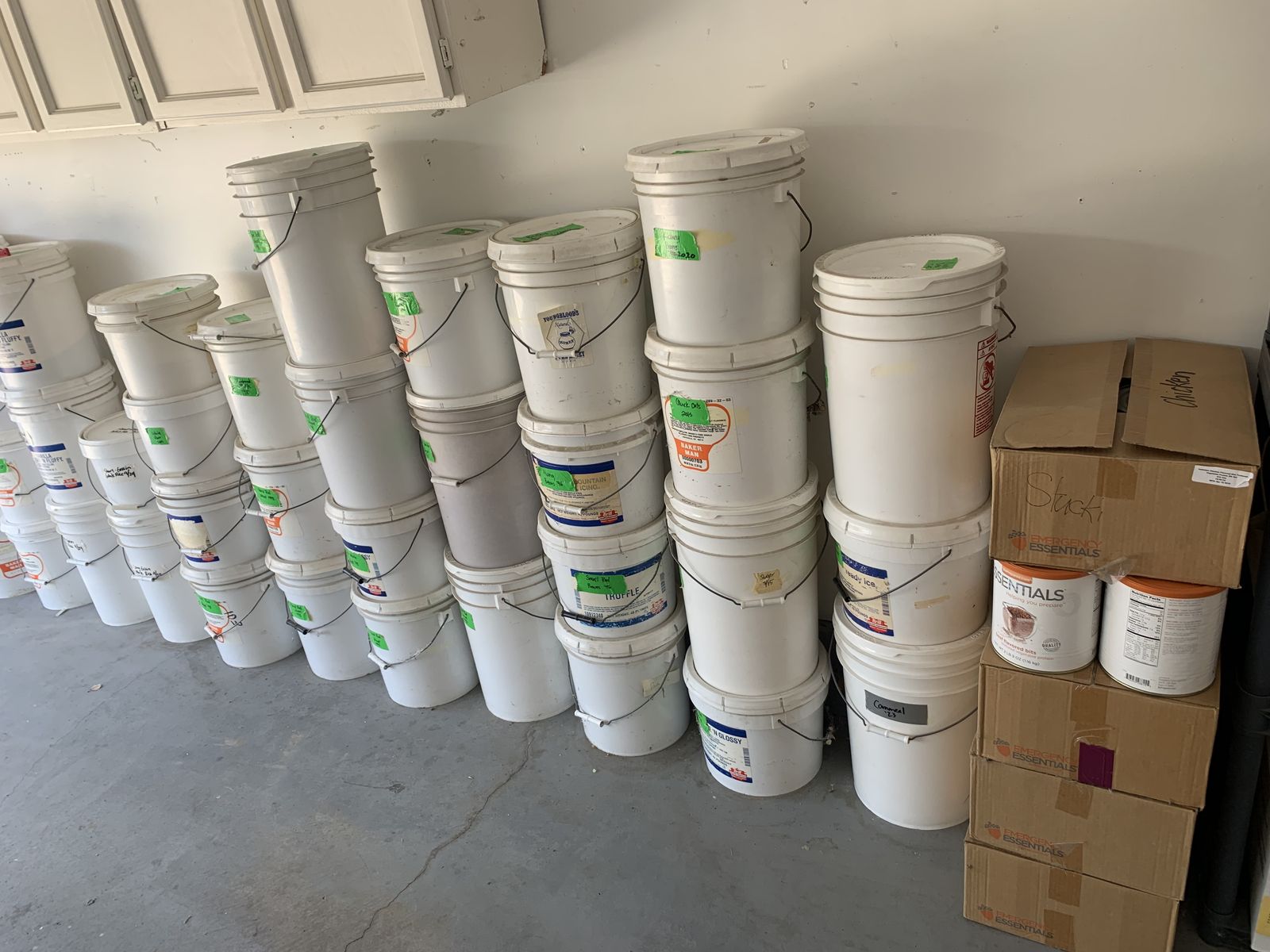 Food storage items in cans and food-grade plastic buckets