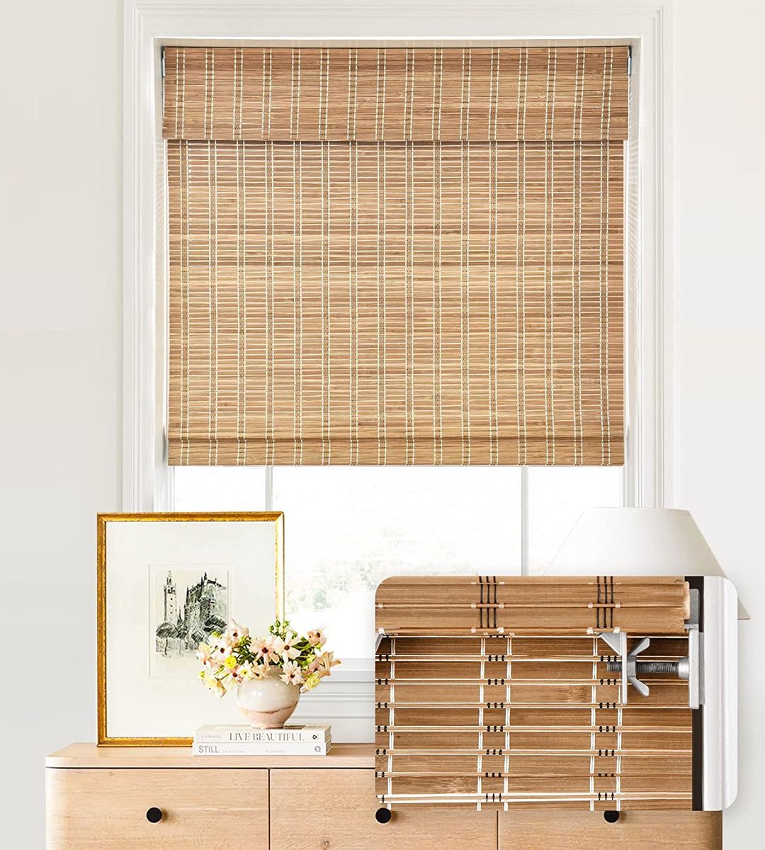 New 31.5" W x 64" H  LazBlinds No Tools No Drill Cordless Bamboo Roman Shades, Light Filtering