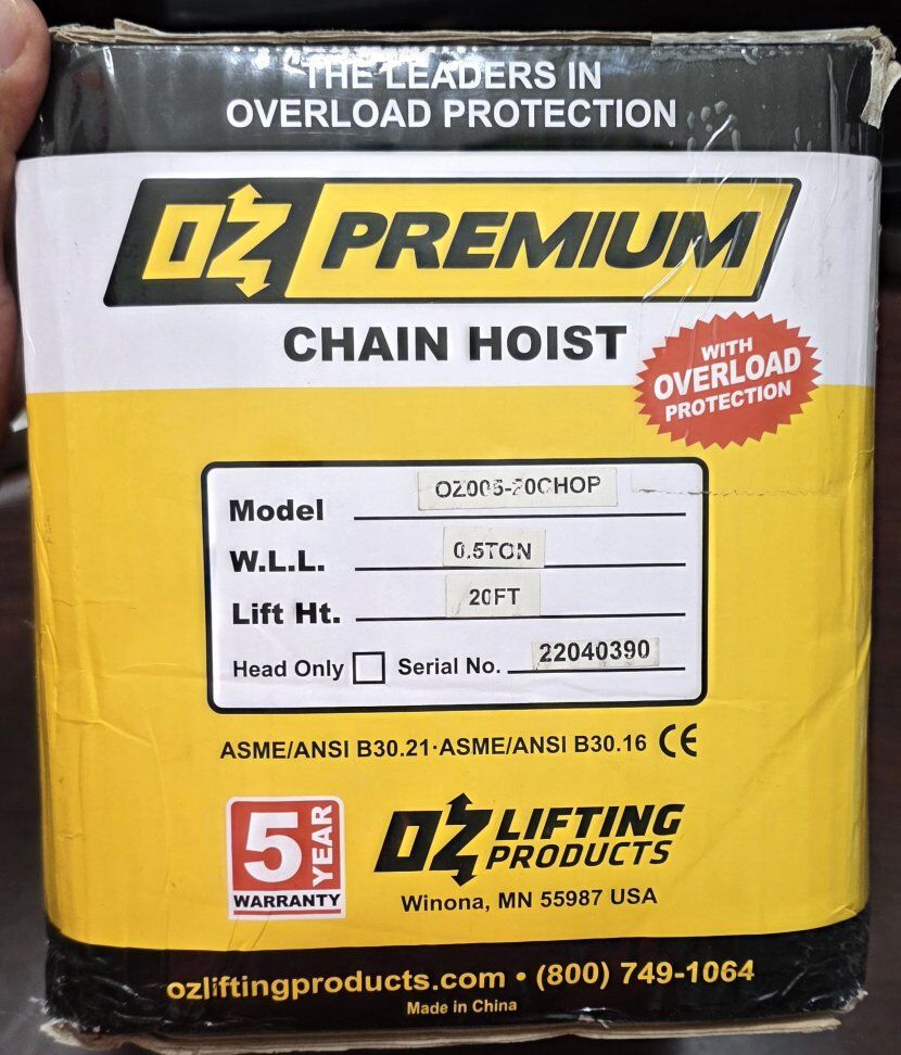 OZ005-20CHOP Premium Manual Chain Hoist, 1/2 t.