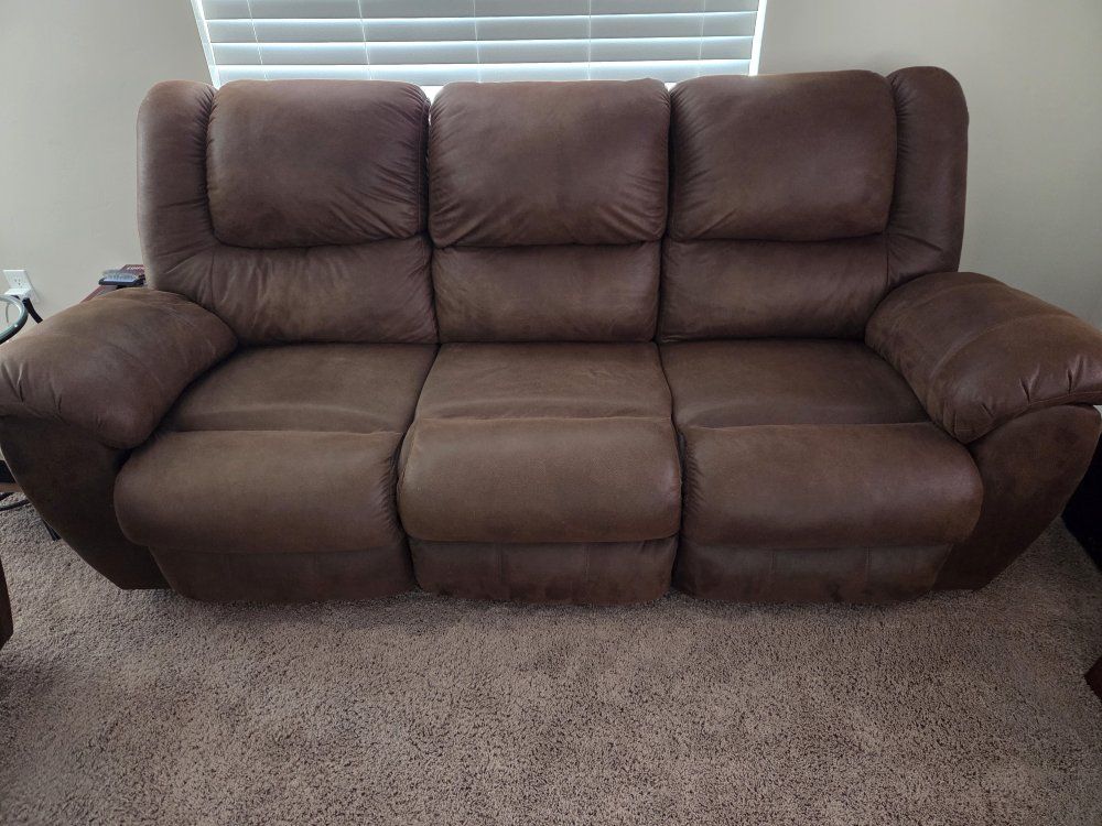 Brown Reclining Sofa and Loveseat Set with Center Console